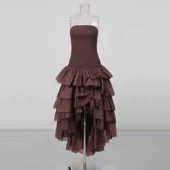 Strapless ruffle asymmetrical hem dress on mannequin front view