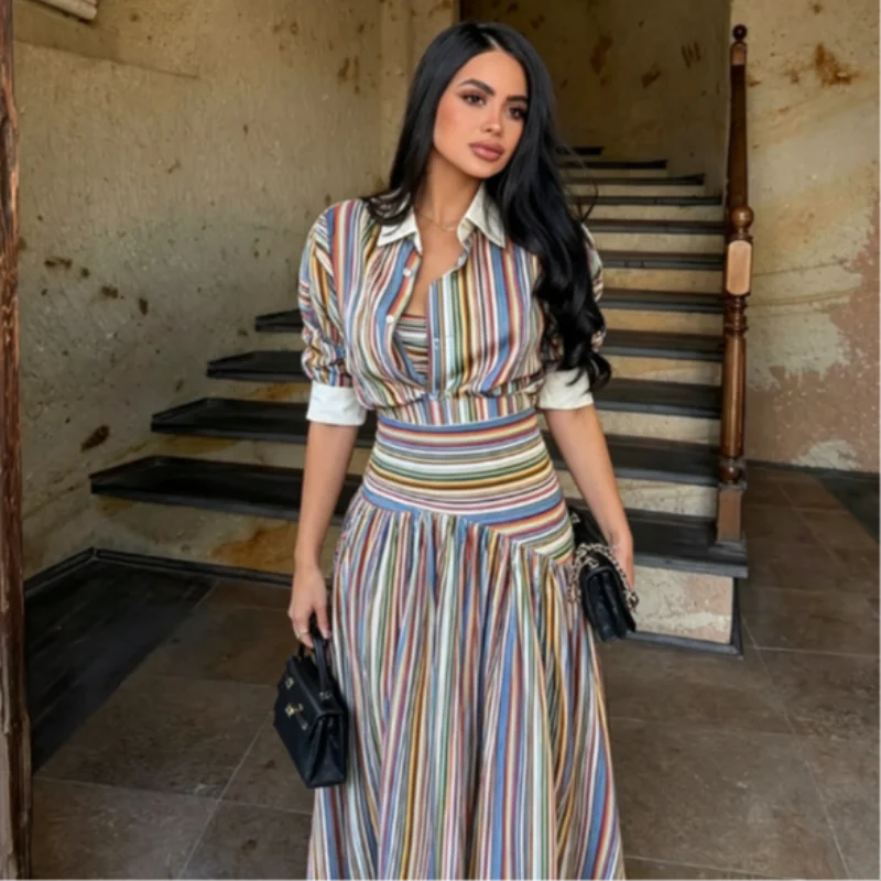 Striped button-front shirt and maxi skirt set