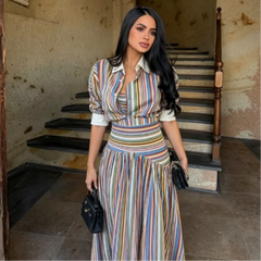 Striped button-front shirt and maxi skirt set