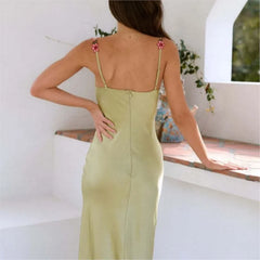 Floral Embroidered Satin Slip Dress with Spaghetti Straps