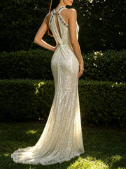 Sequin halter neck maxi dress with gem detail and twisted bodice