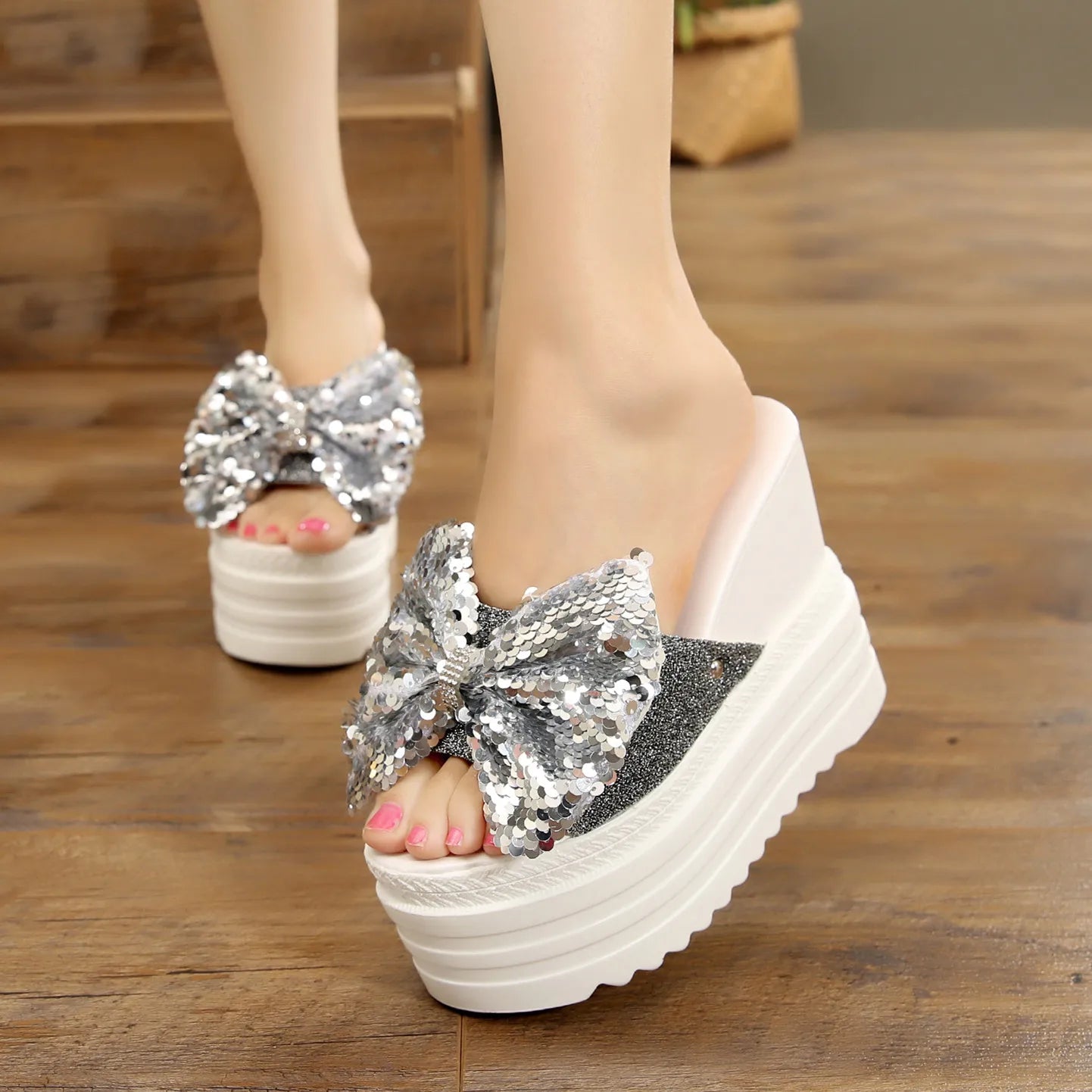 Butterfly-Knot Wedge Cotton Fabric Platform Shoes