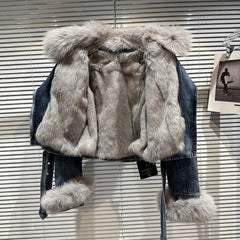 Fox Fur Collar Metal Buckle Denim Short Coat