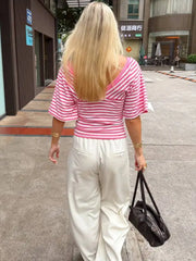 V-Neck Striped Knit Cropped Top with Dolman Sleeves