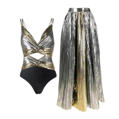 Metallic One-Shoulder Ruffled Bodysuit and Pleated Maxi Skirt Set