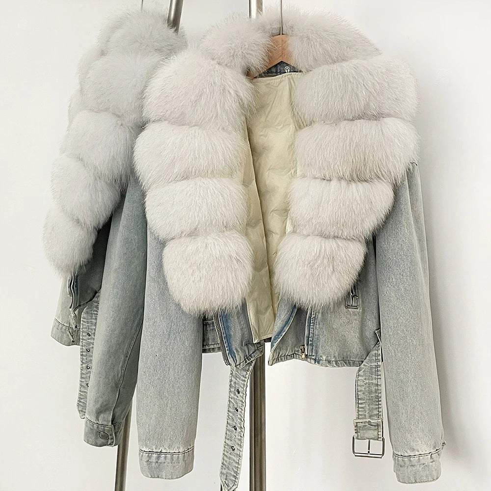 Light blue denim jacket with white fur trim 