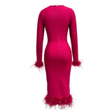 Women's Long Sleeve Feather Bandage Midi Dress