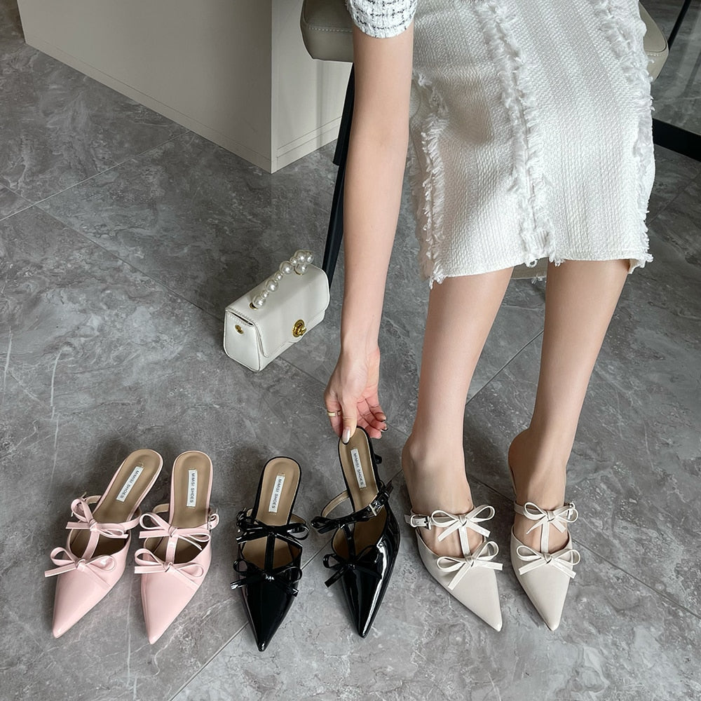 Pointed Toe Bow Design Slip On Small Heels Mules