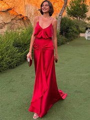 Red satin V-neck spaghetti strap maxi dress with waist tie detail