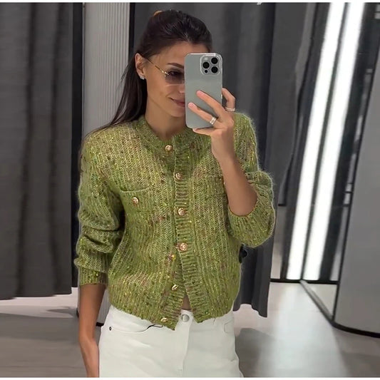 Bouclé button front coat in green