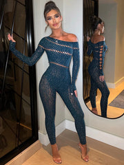 Off Shoulder Long Sleeve Rhinestones Jumpsuits