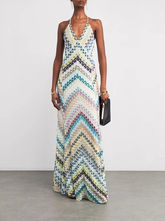 Full body view of rainbow chevron knit maxi dress