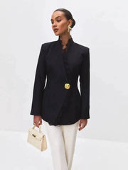 Black lace trim fitted waist blazer with single button closure