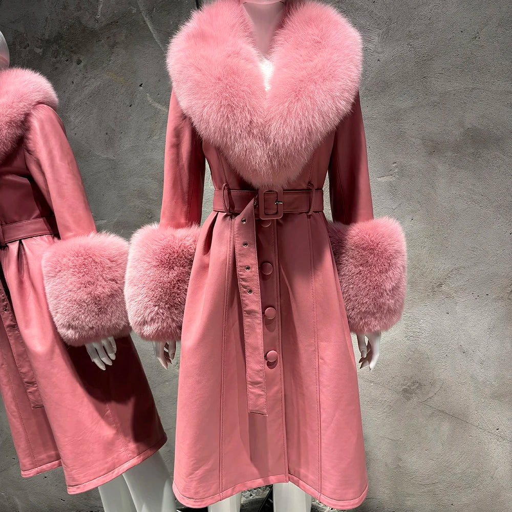 Pink coat with fur trim on a mannequin against a gray background