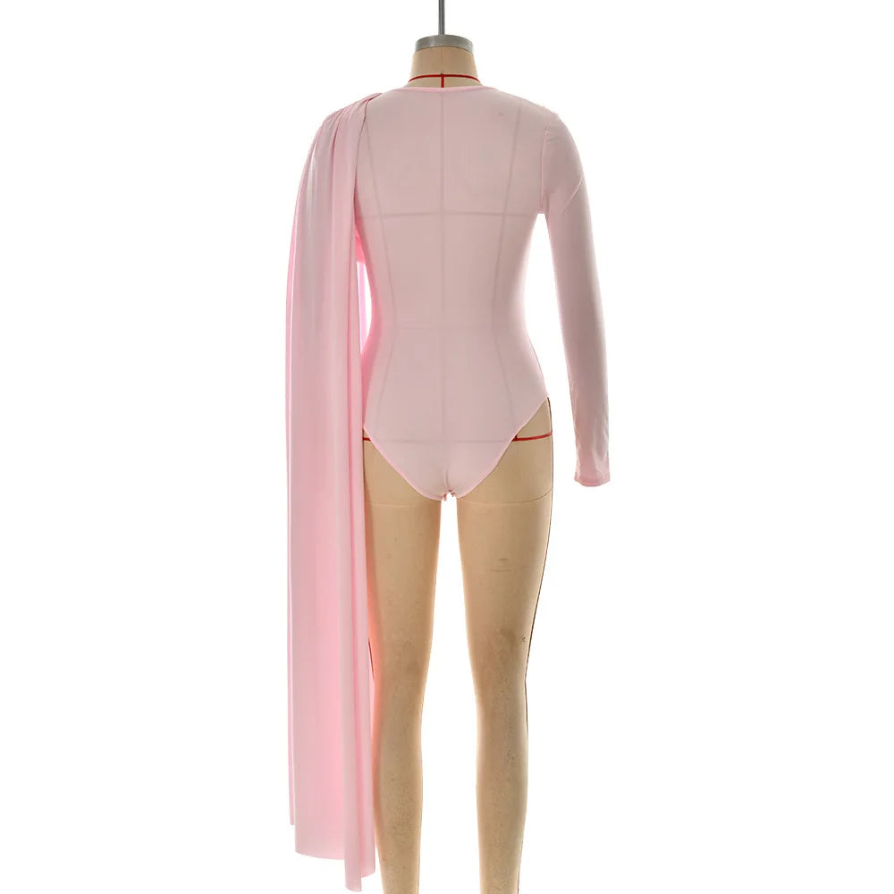 Mannequin wearing a pink bodysuit with a long sheer pink panel on a white background