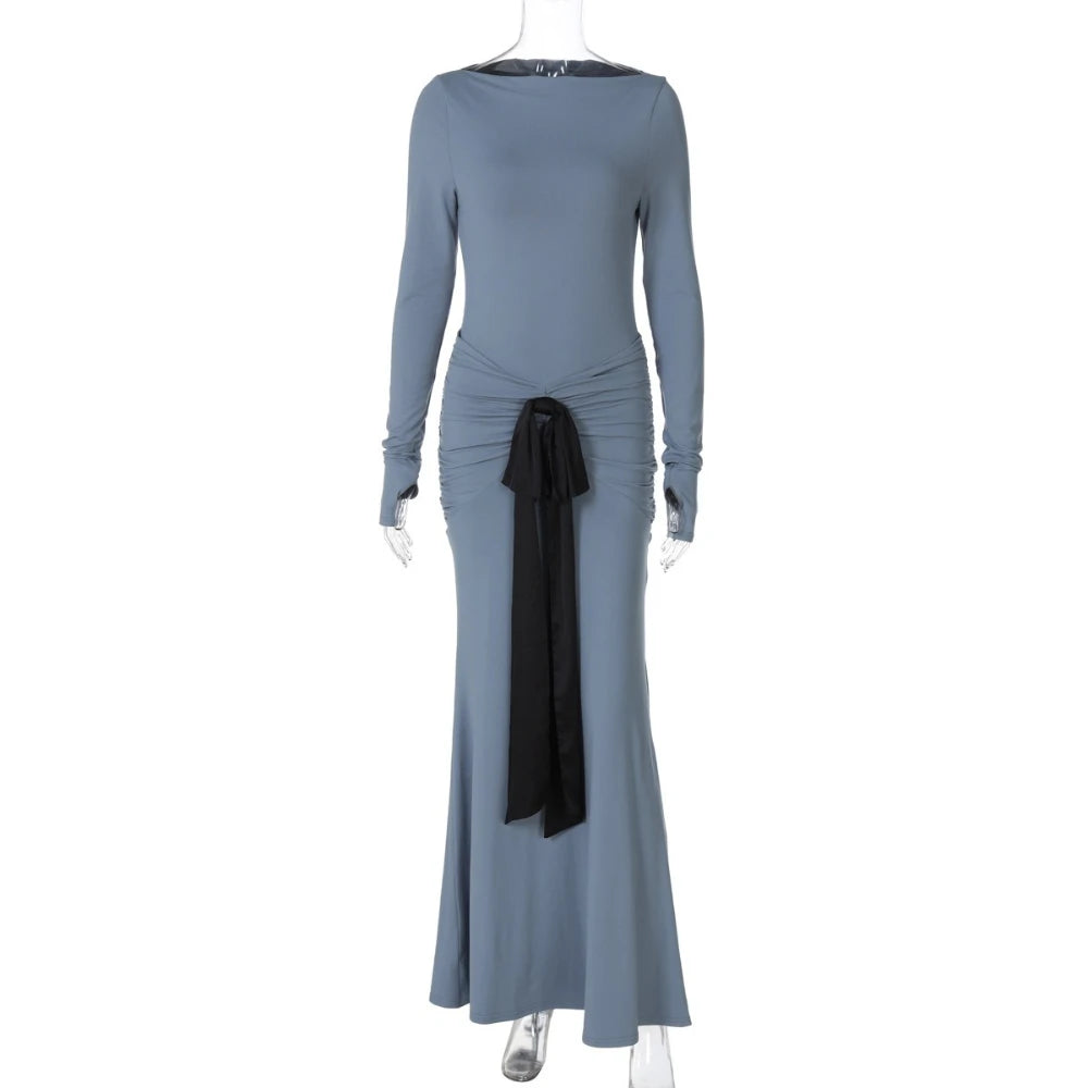 Long-sleeve blue dress with a black ribbon on a white background