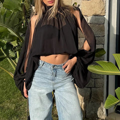 Mock neck split sleeve chiffon cape top in black