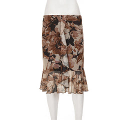 Floral Ruffle Asymmetrical Midi Skirt