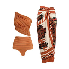 One-Shoulder Swimsuit with Oversized Flower Detail and Matching Printed Sarong Set