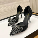 Pearl Crystal Bowtie Pumps Thin Heeled Party Shoes