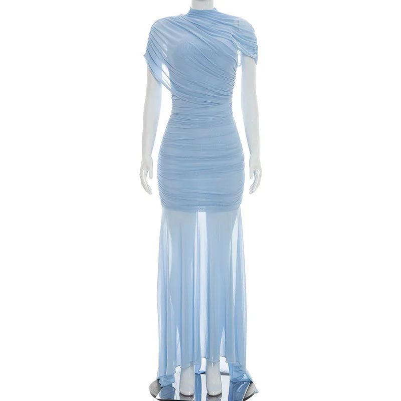 Mannequin wearing a light blue dress on a white background