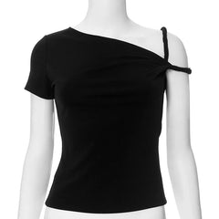 Black one-shoulder top on a mannequin against a white background