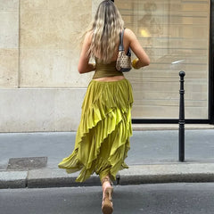 Ruffled Asymmetric Hem Maxi Skirt