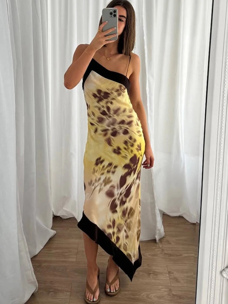 Diagonal collar plum blossom print asymmetrical hem dress held up