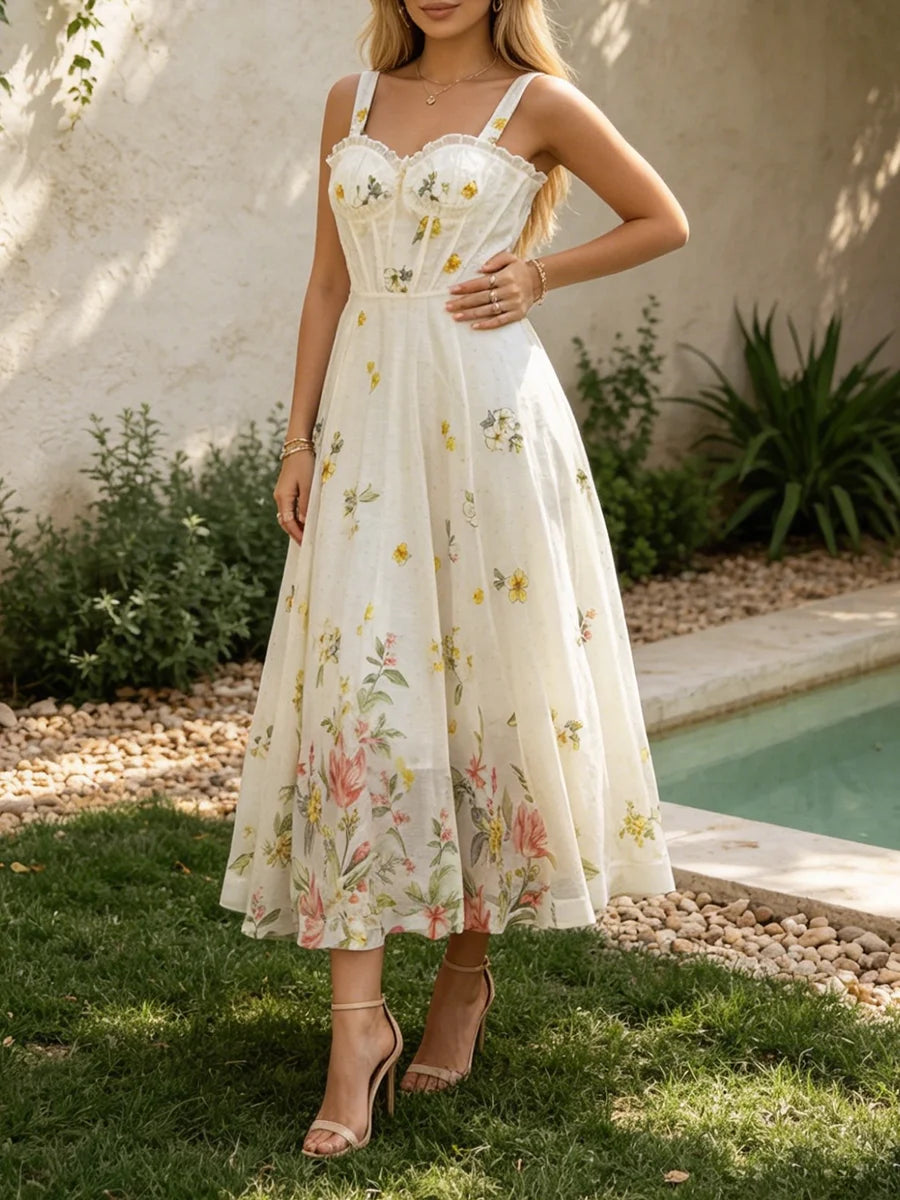 Floral Print Square Neck Corset Dress