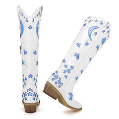Embroidered Star Moon Knee High Boots