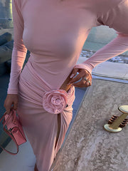 Pink 3D Floral Long Sleeved Midi Turtleneck Solid Dress 
