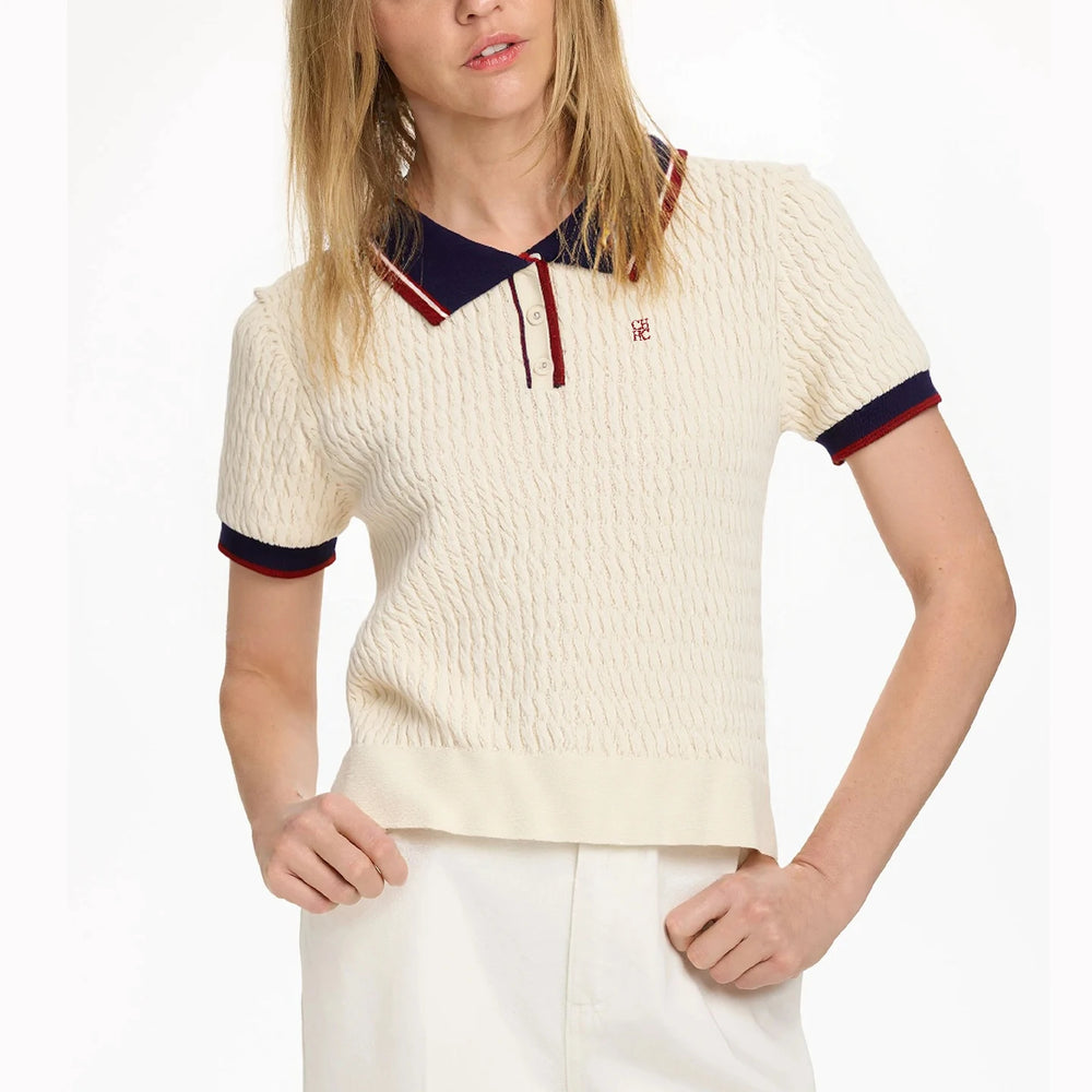 Beige ribbed trim knit polo top