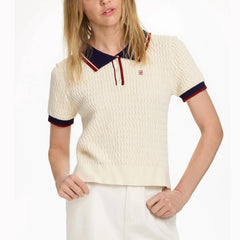 Beige ribbed trim knit polo top