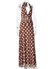 Polka Dot Deep V Neck Halter Maxi Dress