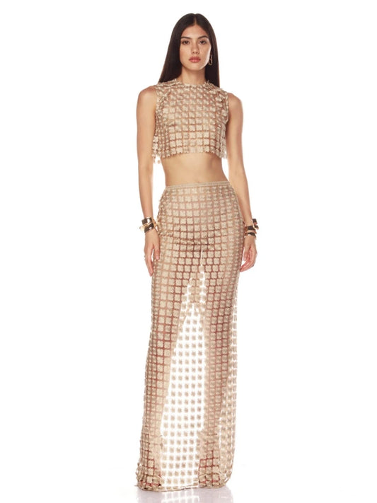 Cropped top and maxi skirt two-piece set with grid pattern