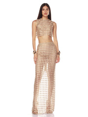 Cropped top and maxi skirt two-piece set with grid pattern