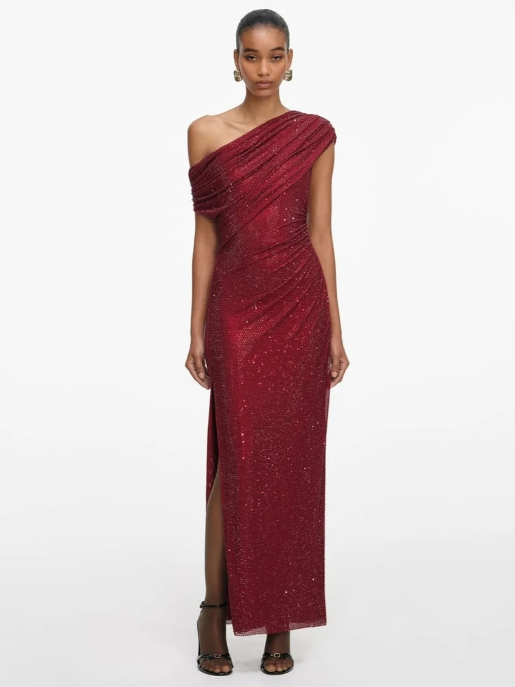 One shoulder ruched embellished gown dress