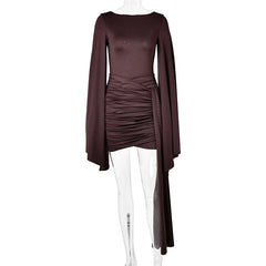 Draped Long Flare Sleeve Backless Bodycon Mini Dress