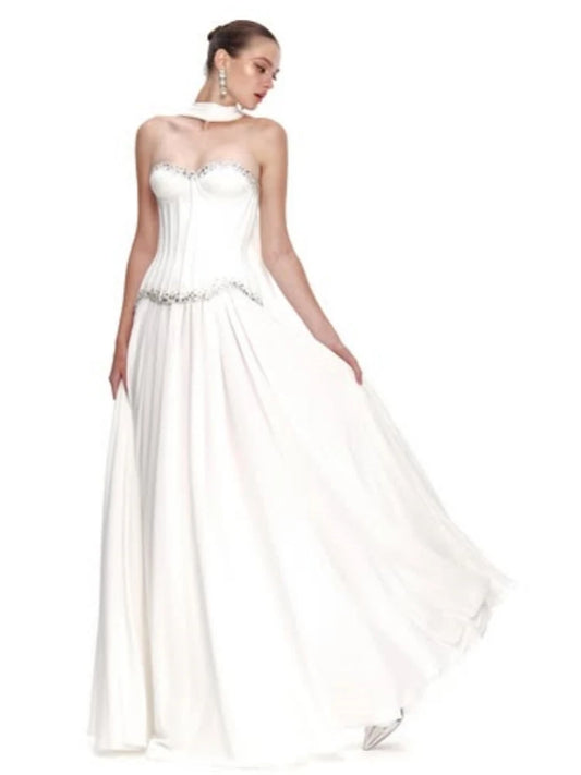 Strapless corset top and A-line skirt set with crystal embellishments