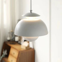 Close-up detail of the LED bulb and delicate flower bud shape of the pendant light. White, Golden Atelier 4