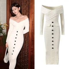 Woman wearing a white dress with black buttons next to an image of the dress on a white background.