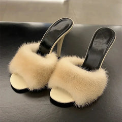 Faux Fur Slide High Heel Mules