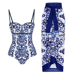 Ruffled Floral Print One-Piece Swimsuit and Maxi Skirt Set