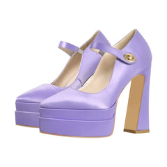 Pair of purple satin pointed toe platform Mary Jane heels