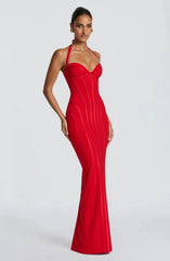 Red ribbed halter maxi dress front view