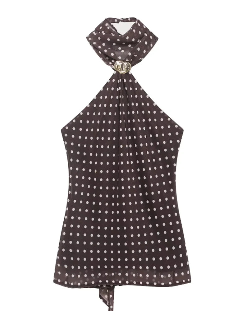 Brown halter top with white polka dots on a white background