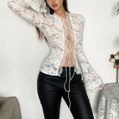 White Lace Hollow Bandage Long Sleeve Top