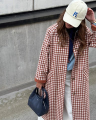 Red Gingham Lapel Long Trench Coat