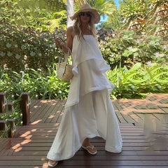 Elegant solid patchwork spaghetti strap maxi dress.