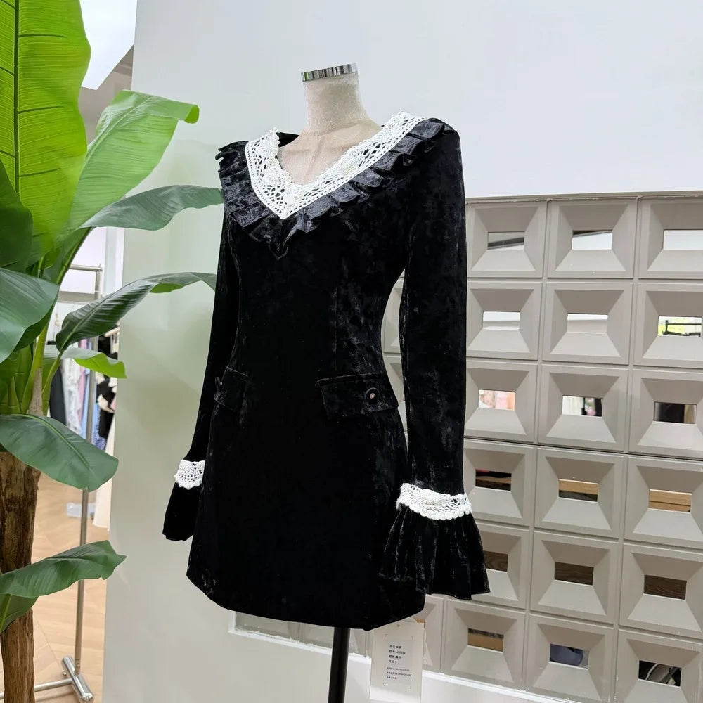 Velvet Ruffled Lace Mini Dress Side View